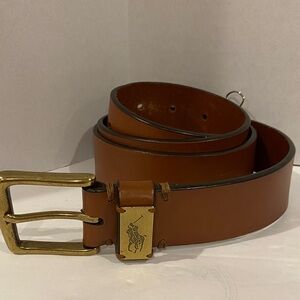 EUC Polo Ralph Lauren Cognac Brown Genuine Leather Belt Brass Buckle Horse Logo